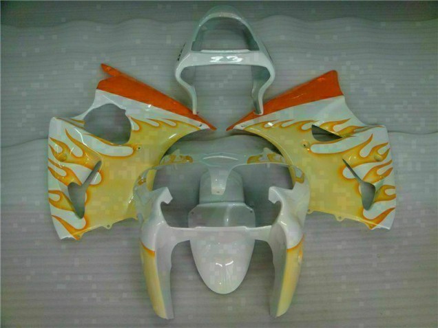 2000-2002 White Yellow Flame Kawasaki ZX6R Bike Fairings for Sale 2000-2002 White Yellow Flame Kawasaki ZX6R Bike Fairings for Sale