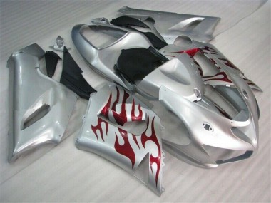2005-2006 Silver Red Flames Kawasaki ZX6R Motorcycle Fairings for Sale
