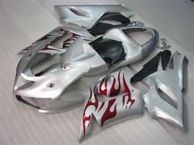 2005-2006 Silver Red Flames Kawasaki ZX6R Motorcycle Fairings for Sale 2005-2006 Silver Red Flames Kawasaki ZX6R Motorcycle Fairings for Sale