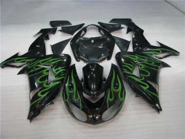 2006-2007 Black Green Flame Kawasaki ZX10R Motorcycle Fairing for Sale