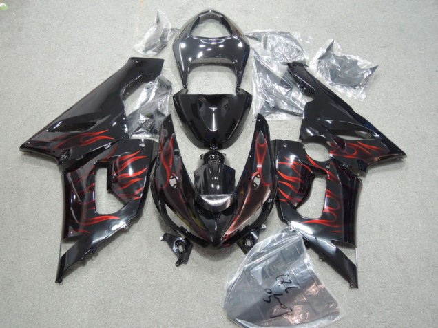 2005-2006 Black Red Flame Kawasaki ZX6R Moto Fairings for Sale 2005-2006 Black Red Flame Kawasaki ZX6R Moto Fairings for Sale