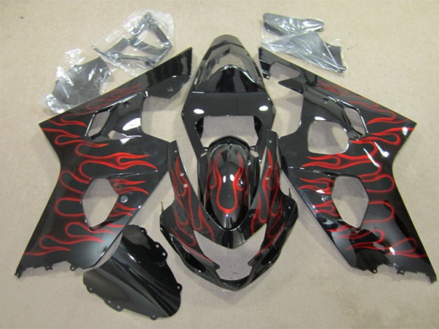 2004-2005 Black Red Flame Suzuki GSXR600 Replacement Fairings for Sale