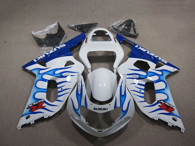 2001-2003 White Blue Flame Suzuki GSXR750 Motorbike Fairings for Sale 2001-2003 White Blue Flame Suzuki GSXR750 Motorbike Fairings for Sale